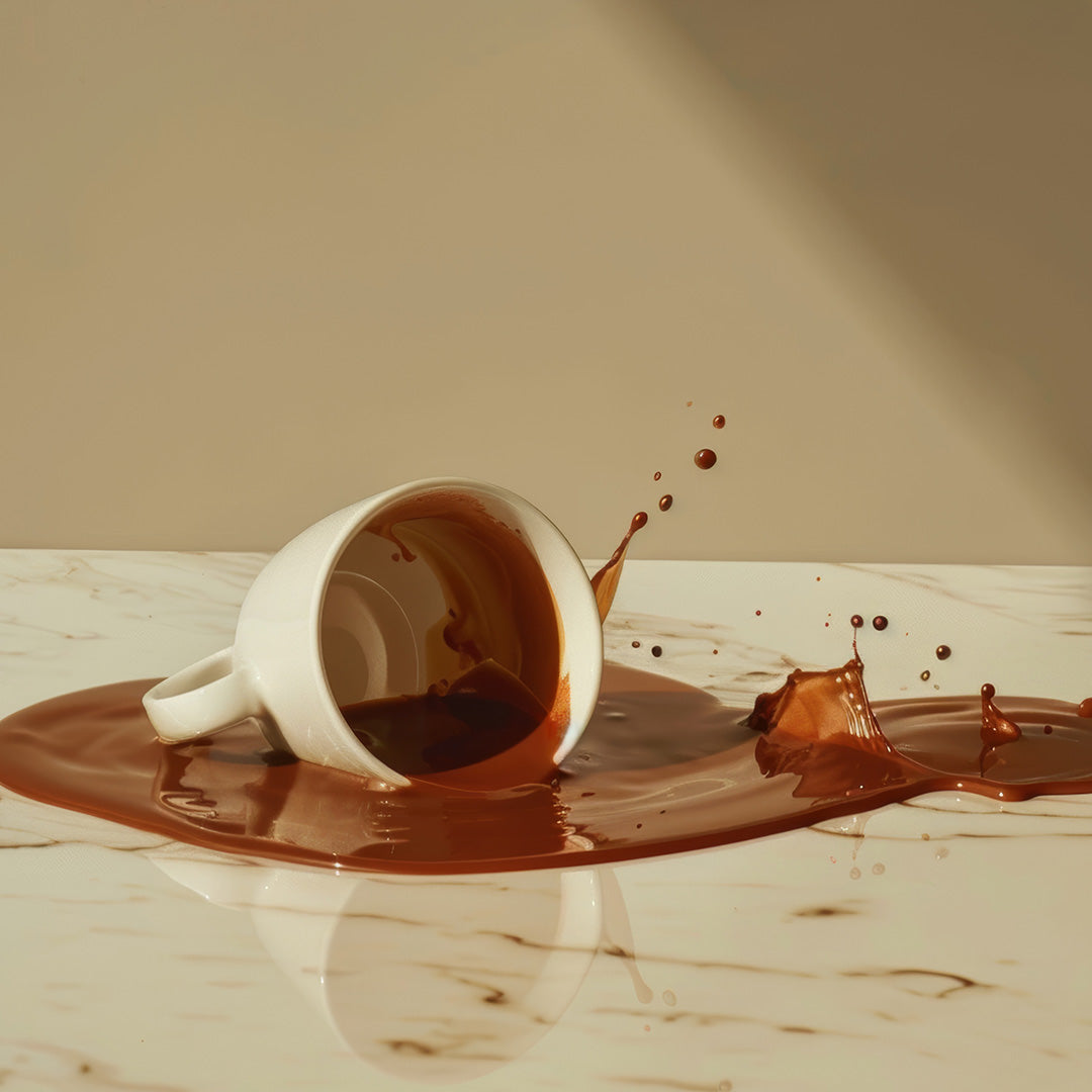 Spilled coffee on a stain-resistant sintered stone.