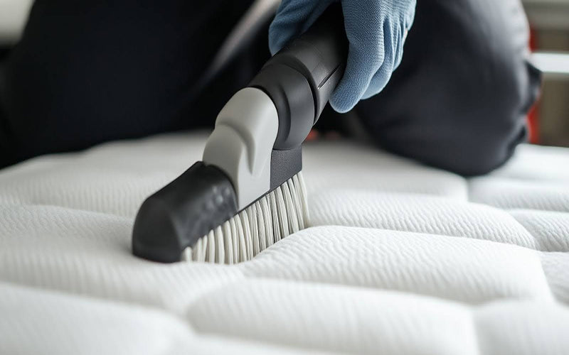 close-up of a gloved hand using a vacuum brush attachment to clean a white mattress surface