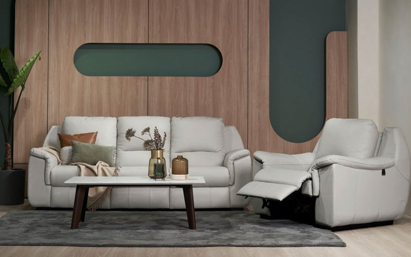 Contemporary living room with a white leather sofa and matching recliner chair, styled with throw pillows and a white coffee table on a grey rug