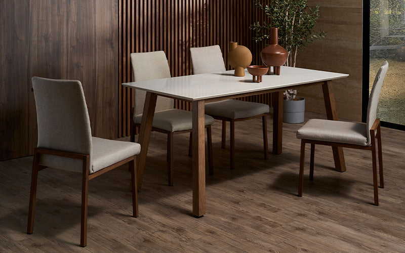 A quartz and wood dining table set