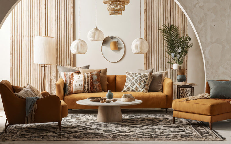 warm-boho-living-room-layout-with-mustard-sofa-accent-armchair-and-wooden-coffee-table