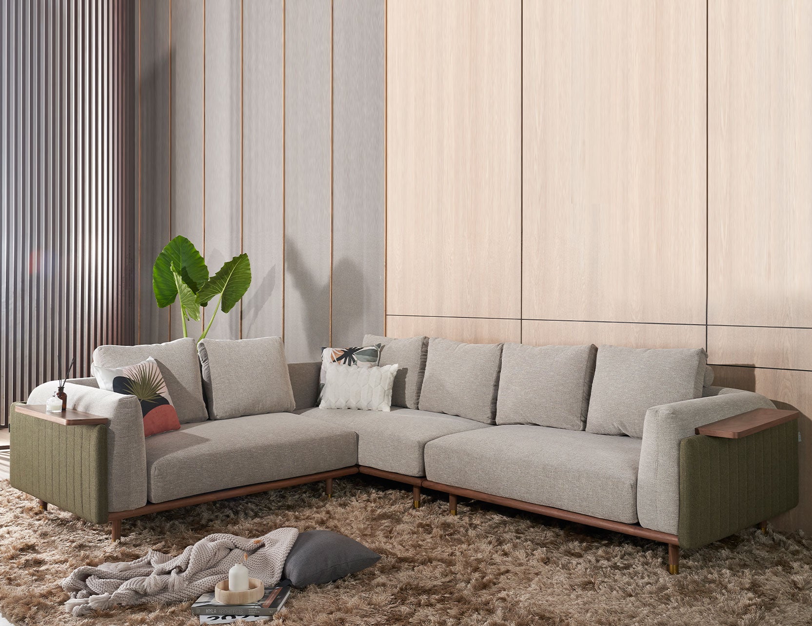 Celadon Modular Fabric Sofa With Movable Side Table