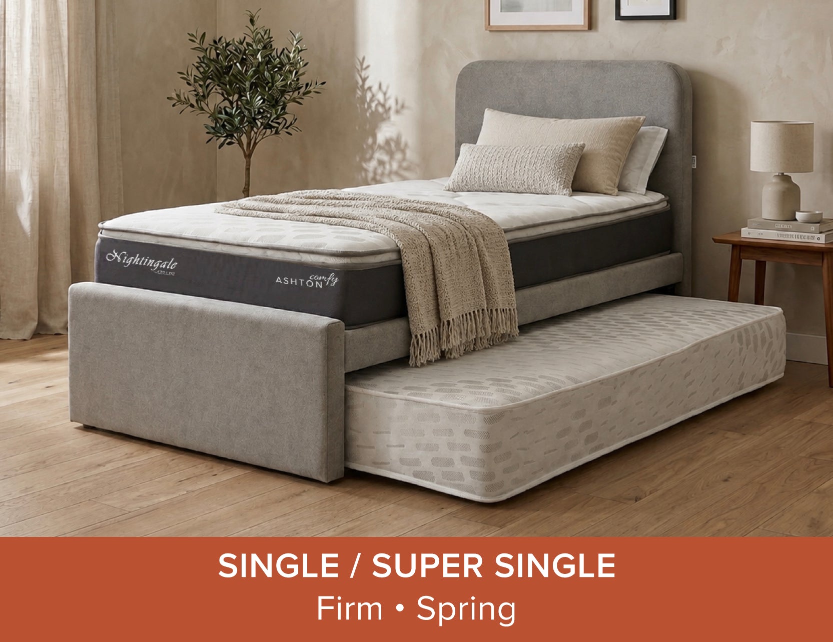 Holly Bedframe with Ashton Comfy Mattress upholstered in gray fabric 