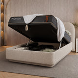 Storage frame with hydraulic lift mechanism raised open, showing underbed storage space and Nightingale mattress