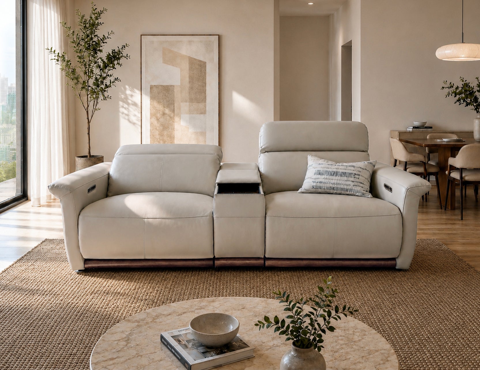 Cellini 2-seater leather power recliner sofa with built-in centre console and adjustable headrest styled in a warm neutral living room Singapore
