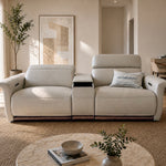Cellini 2-seater leather power recliner sofa with built-in centre console and adjustable headrest styled in a warm neutral living room Singapore
