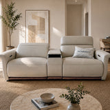Cellini 2-seater leather power recliner sofa with built-in centre console and adjustable headrest styled in a warm neutral living room Singapore
