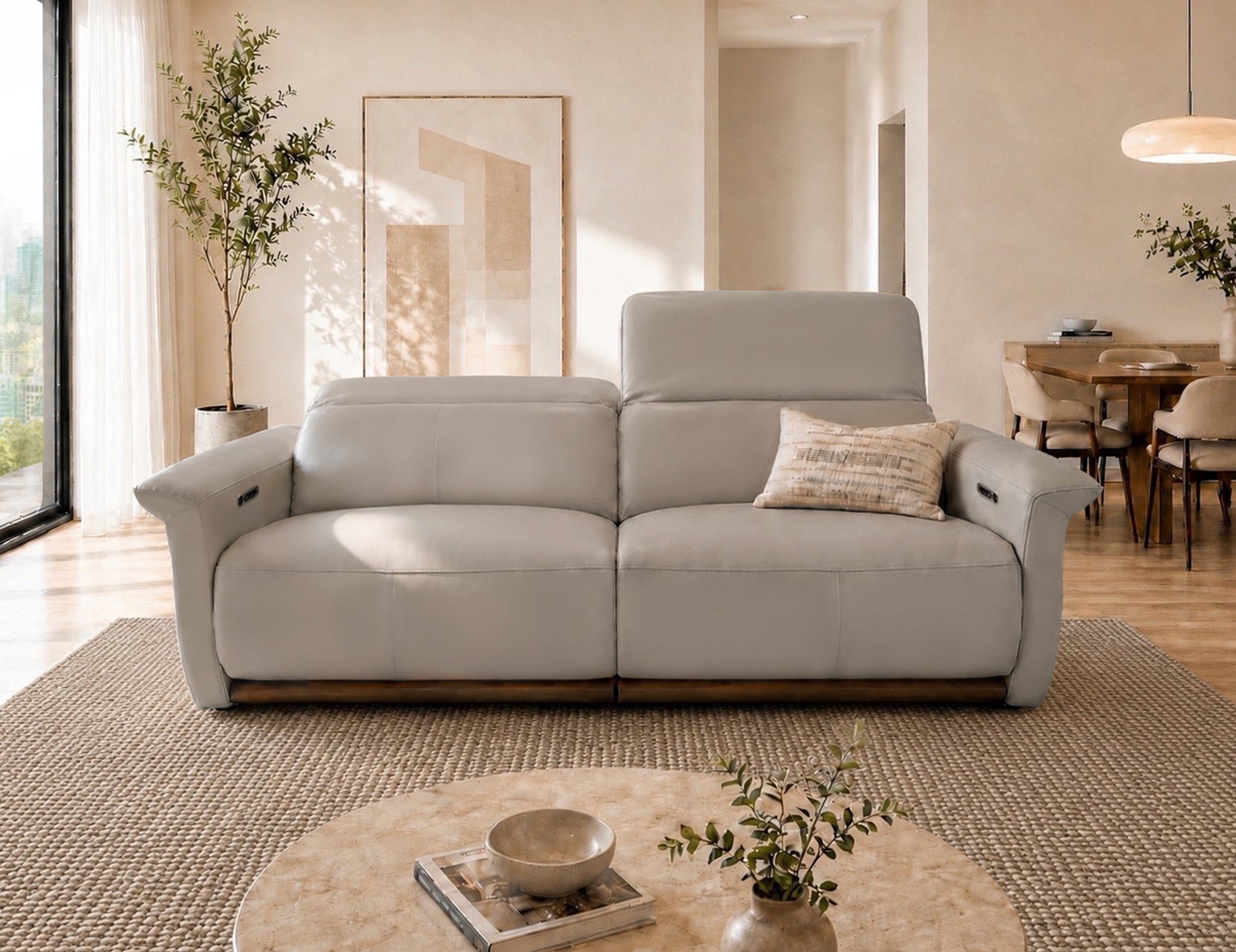 Cellini 2-seater leather power recliner sofa with adjustable headrest styled in a warm neutral living room Singapore
