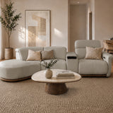 Cellini cream leather sectional sofa with power recliner and curved chaise in a modern Scandinavian living room