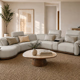 Cellini cream leather sectional sofa with power recliner and curved chaise in a modern Scandinavian living room
