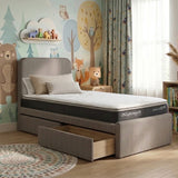 Holly Bedframe with Ashton Comfy Mattress upholstered in gray fabric with Pull-Out Dual Drawer Storage