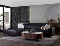Kof leather sofa shown from an angled perspective