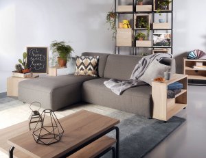 Studio L-Shape Fabric Sofa with Wooden Storage Arm