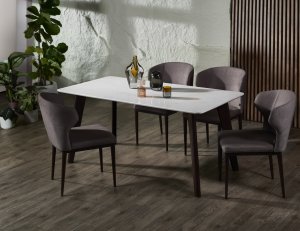 Carrara Quartz Top Dining Table With Marble Accents (Straight Cut With Round Corner) + Wing Dining Chairs