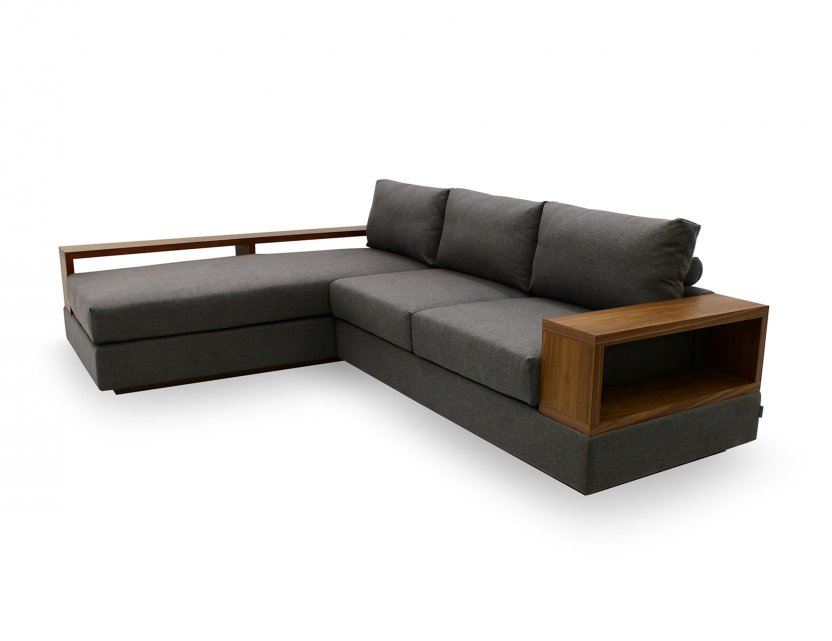 Elda L-Shape Fabric Sofa With Wooden Storage Arm