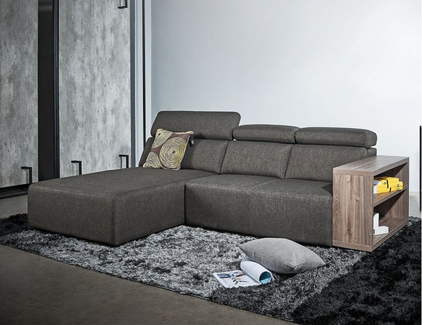 Karl L-Shape Fabric Sofa with Adjustable Headrest and Wooden Storage Arm